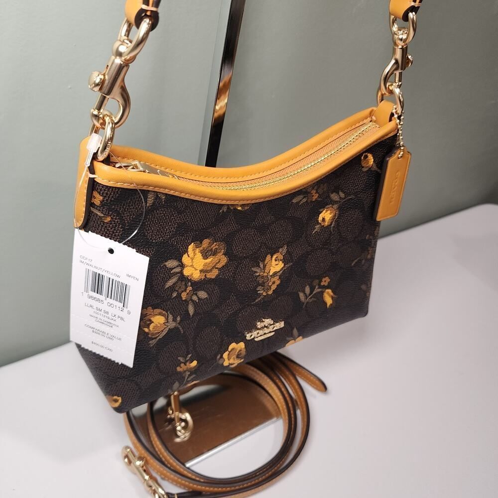 NWT Coach CCF17 Laurel Small Shoulder Signature Canvas Floral Walnut/Yellow V2 - Picture 2 of 5